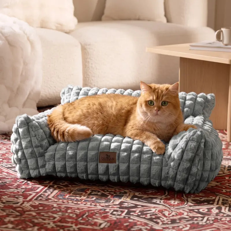 Blunique Modern 3D Diamond Texture Kitten Bed - 24In Geometric Pet Couch, Faux Rabbit Fur Washable Fabric, Sturdy 3-Sided Supportive Cushion, Non-Skid Bottom, Detachable Hygienic Cover