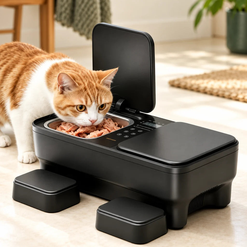 A ginger-and-white cat eating from the black two-bowl feeder