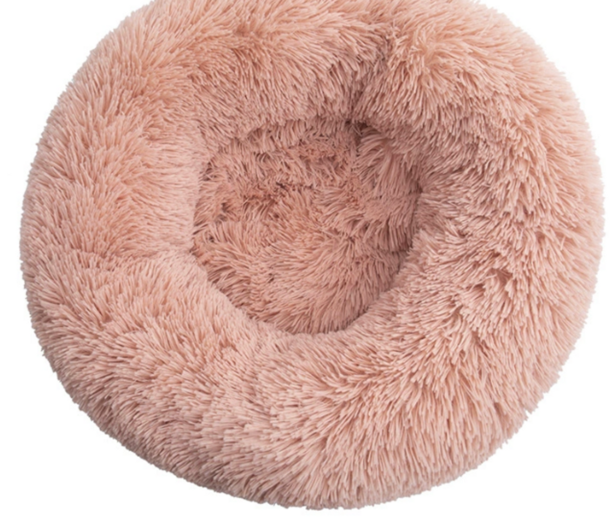 Peach pink fluffy donut pet bed, top view