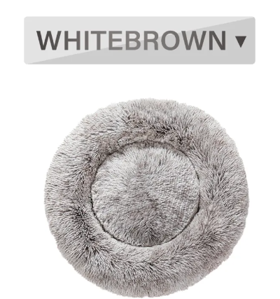 Mottled white and brown fluffy donut pet bed, top view
