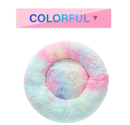 Pastel multicolour fluffy donut pet bed, top view
