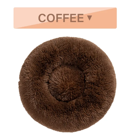 Coffee brown fluffy donut pet bed, top view
