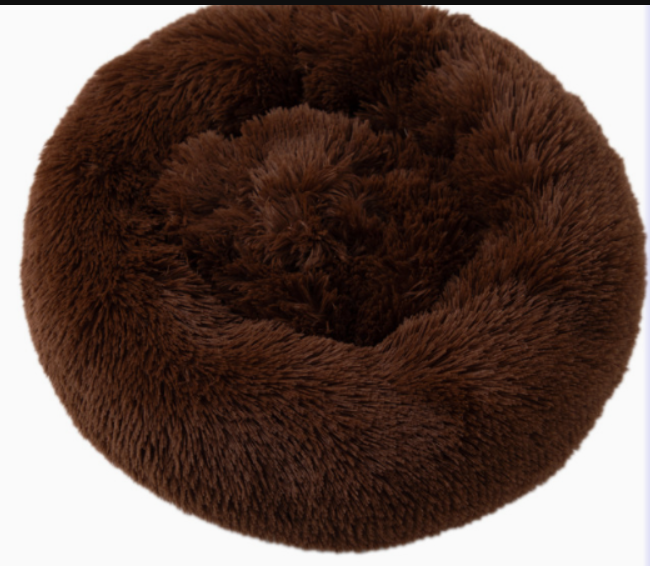 Coffee brown fluffy donut pet bed, top view