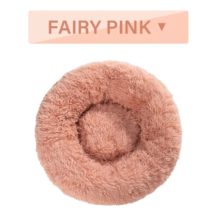 Peach pink fluffy donut pet bed, top view