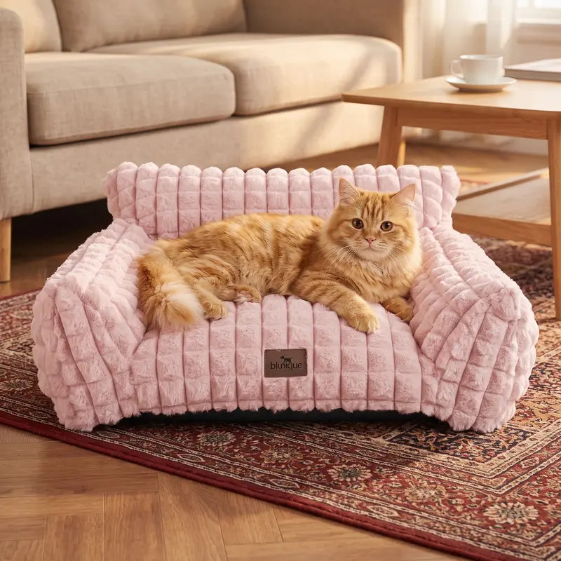 Blunique Modern 3D Diamond Texture Kitten Bed - 24In Geometric Pet Couch, Faux Rabbit Fur Washable Fabric, Sturdy 3-Sided Supportive Cushion, Non-Skid Bottom, Detachable Hygienic Cover