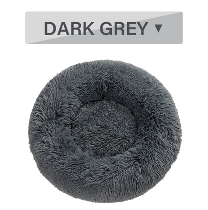 Dark grey fluffy donut pet bed, top view