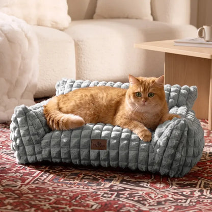 Blunique Modern 3D Diamond Texture Kitten Bed - 24In Geometric Pet Couch, Faux Rabbit Fur Washable Fabric, Sturdy 3-Sided Supportive Cushion, Non-Skid Bottom, Detachable Hygienic Cover