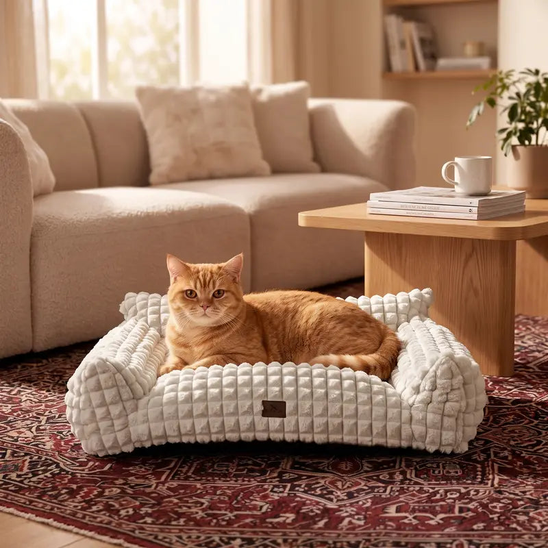Blunique Modern 3D Diamond Texture Kitten Bed - 24In Geometric Pet Couch, Faux Rabbit Fur Washable Fabric, Sturdy 3-Sided Supportive Cushion, Non-Skid Bottom, Detachable Hygienic Cover