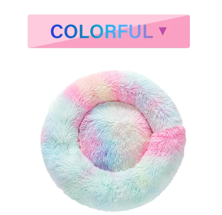 Pastel multicolour fluffy donut pet bed, top view