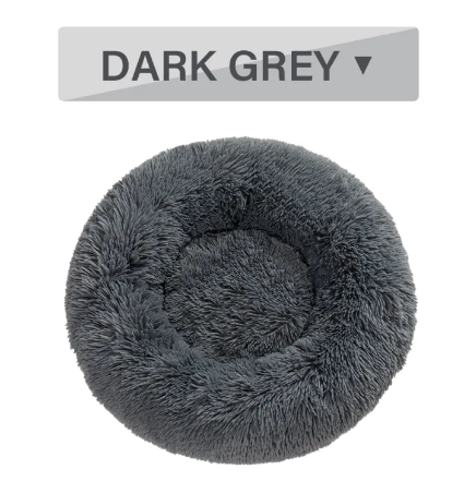 Dark grey fluffy donut pet bed, top view