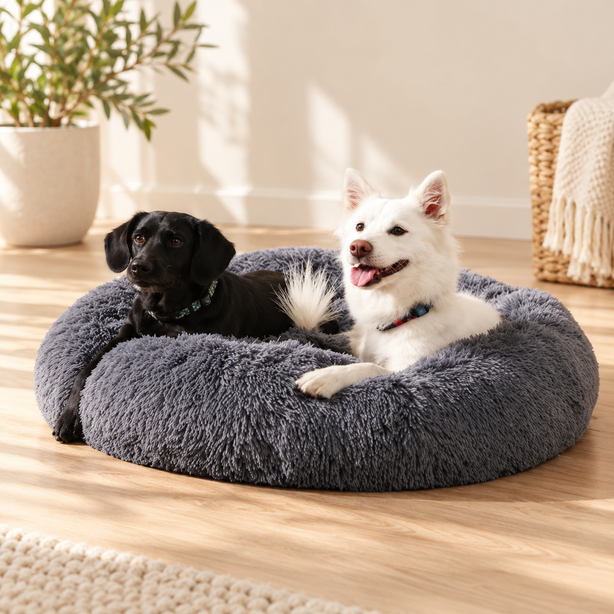 Two small dogs resting in a dark grey donut bed in a sunlit room