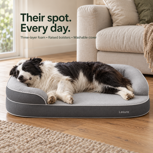 Dark Grey LESURE RealOrtho bed: three-layer foam, raised bolsters and washable cover.