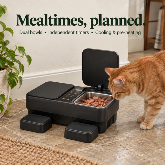 Meowant wet food feeder: dual bowls, independent timers, cooling and pre-heating.