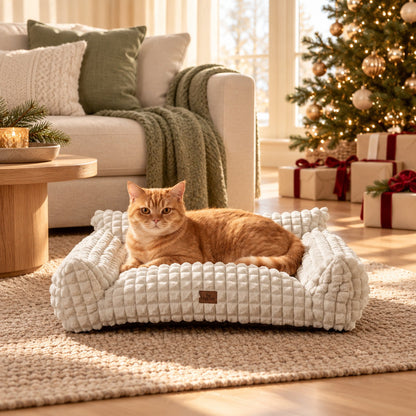 Pawsoli studio — Blunique Diamond-Texture Pet Couch — Christmas lifestyle with branded label