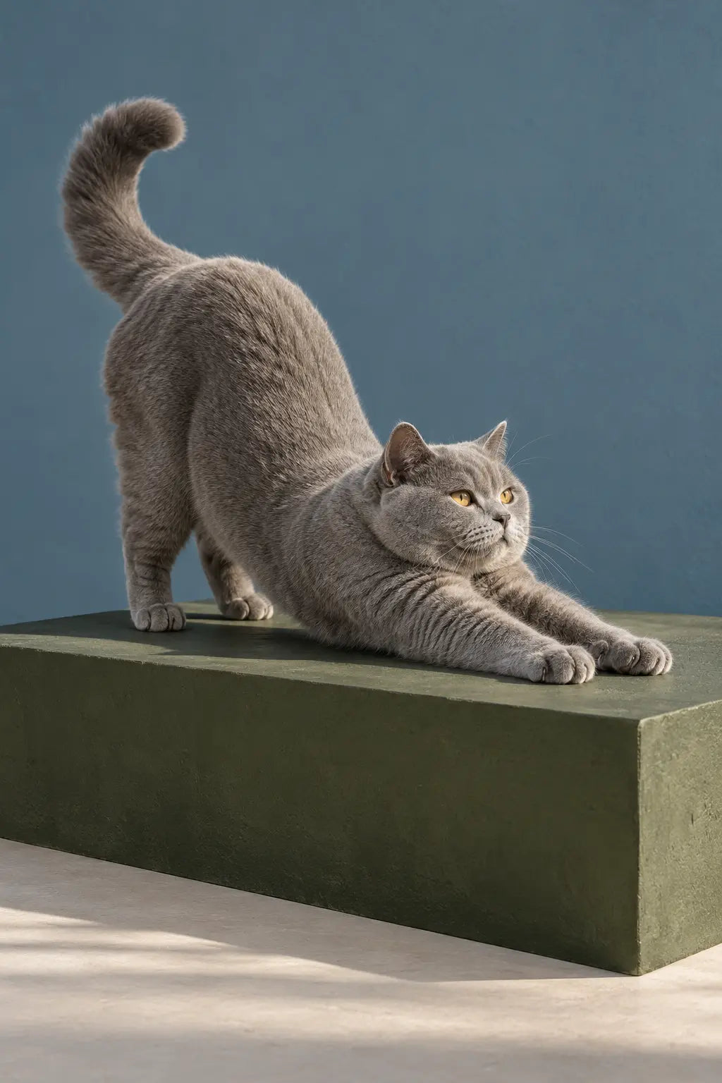 A grey cat stretching on an olive-green plinth against a blue studio backdrop